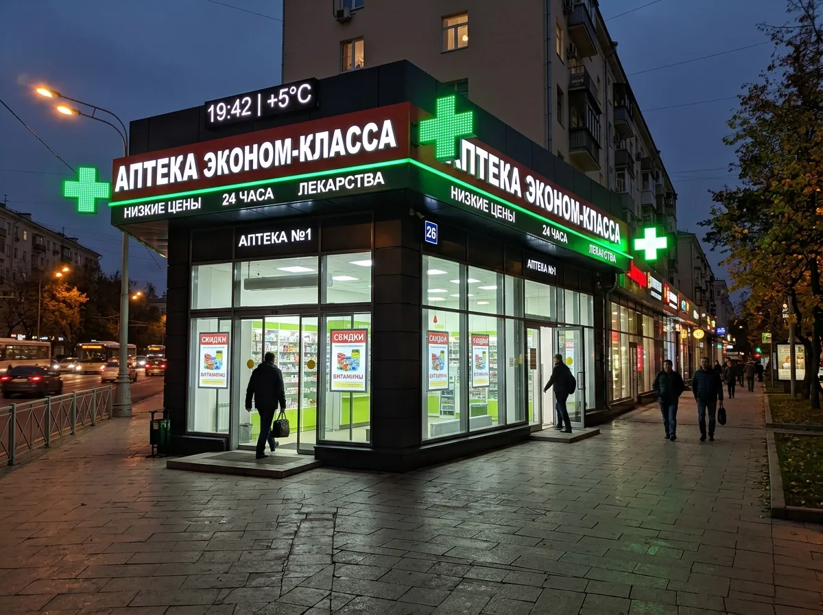 Две аптеки московской сети, одинаковое оформление фасадов, вечерняя подсветка вывесок