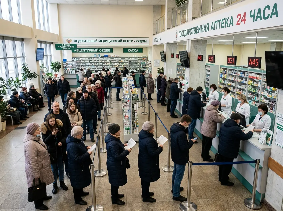 Аптека рядом с федеральным медицинским центром в Москве, очередь пациентов, просторный зал