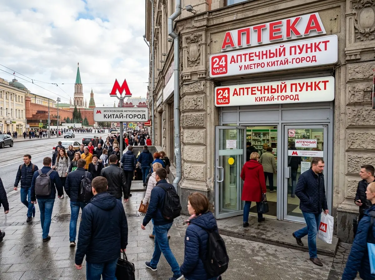 Аптечный пункт у станции метро Китай-город, исторический центр Москвы, поток покупателей