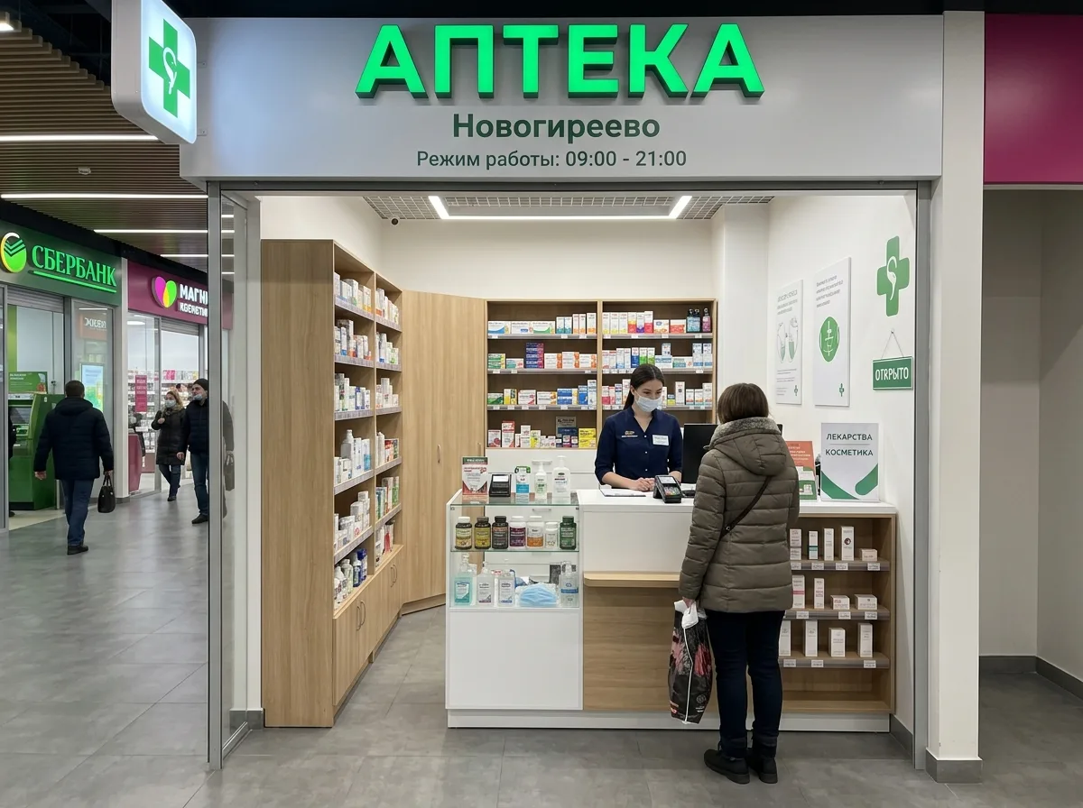 Небольшая аптека в торговом центре Новогиреево, компактный зал, минималистичный интерьер