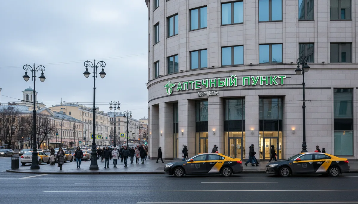 Фасад медицинского здания, вывеска аптечного пункта, городская московская улица